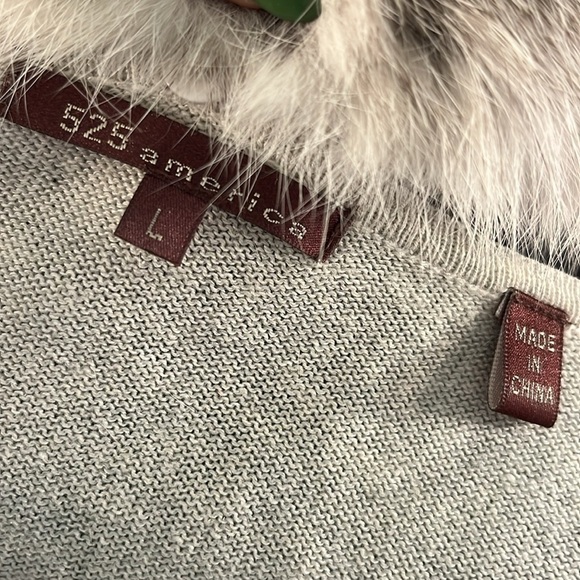 525 America Silk & Cashmere Sweater Cardigan Detachable Rabbit Fur Collar Gray - Picture 6 of 8